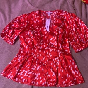 NWT Topshop Red Puff Sleeves Button Peplum Blouse